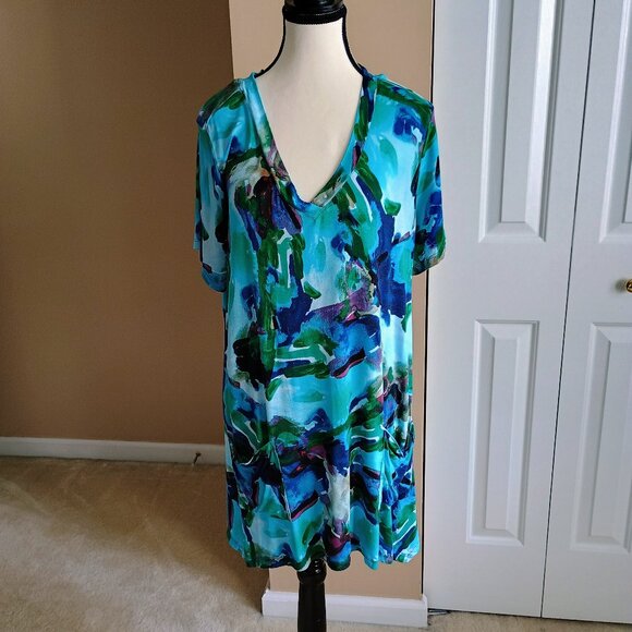 QVC-LOGO BY LORI GOLDSTEIN-SIZE 1X-RAYON/SPANDX-BLUE.MULTI COLOR TOP W/POCKETS - Picture 1 of 1